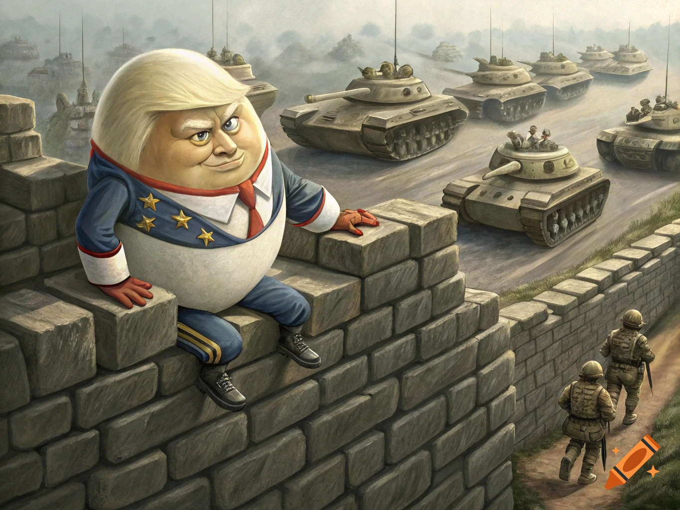 A political caricature of Donald Trump as Humpty Dumpty sitting on a stone wall with an army of tanks and soldiers in the background.