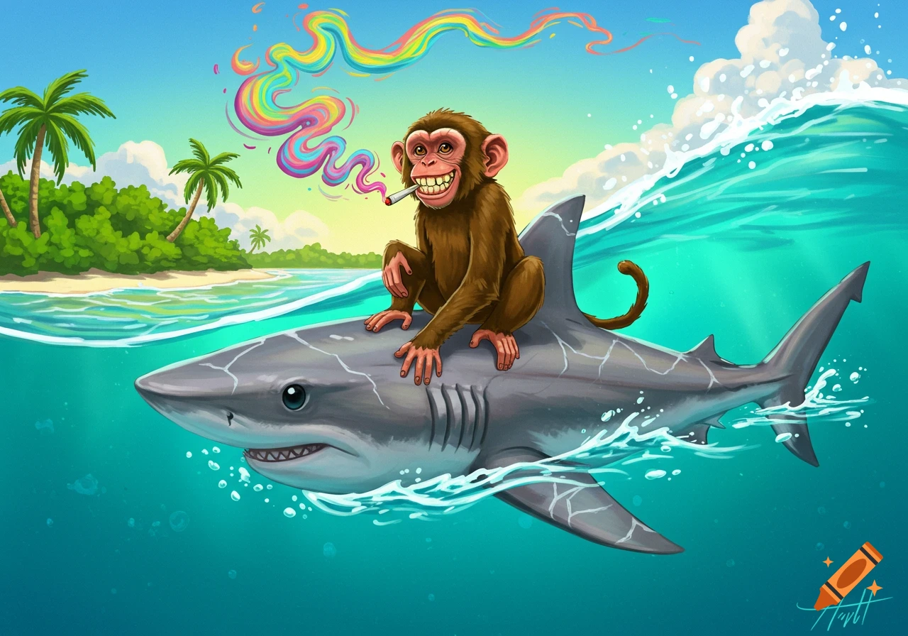 Cartoon monkey riding a shark in tropical water, smoking a joint with rainbow smoke trailing behind it.