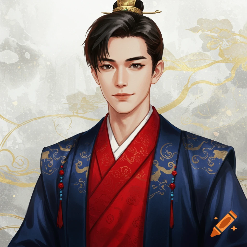 A portrait of a young man in a traditional blue and red Chinese robe with gold patterns, against a textured white and gold background.