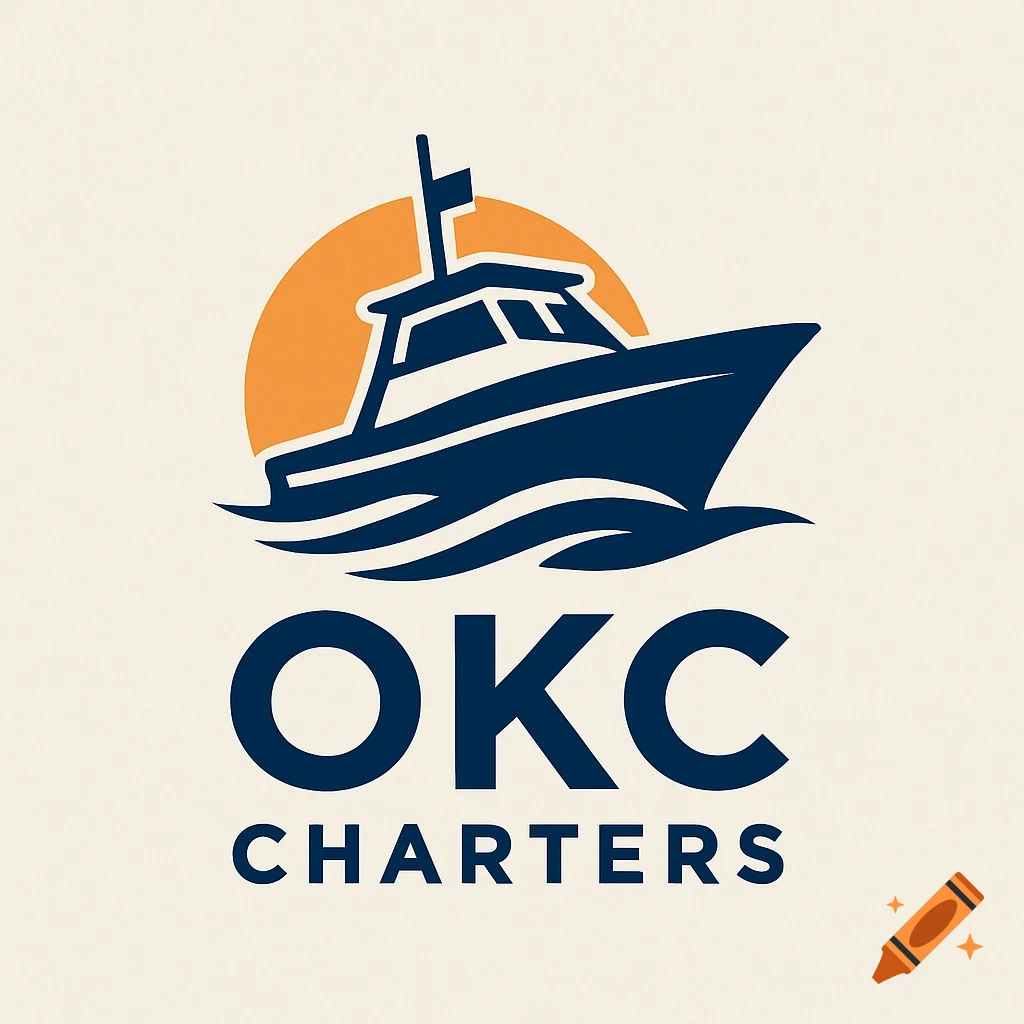 A logo for OKC Charters features a dark blue boat on waves with an orange sun in the background, above the words 'OKC CHARTERS'.