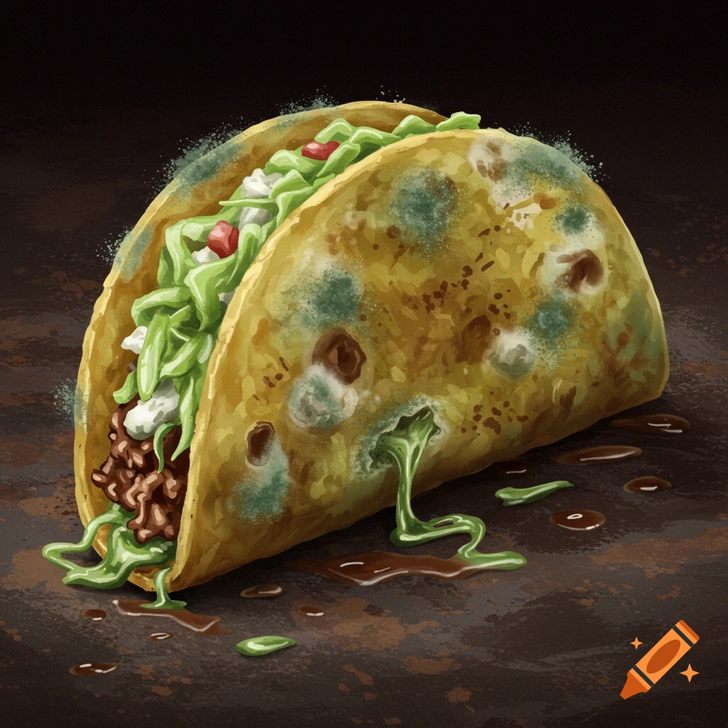 A close-up illustration of a moldy and rotten taco with green ooze dripping from the shell.