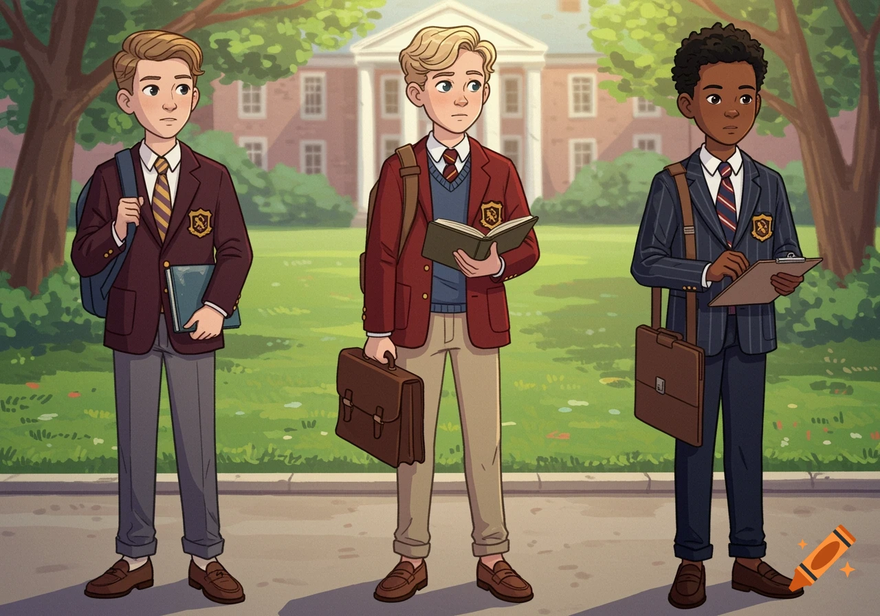 Three pre-teen boys in school uniforms stand outside a large school building, holding books and bags. Cartoon style.