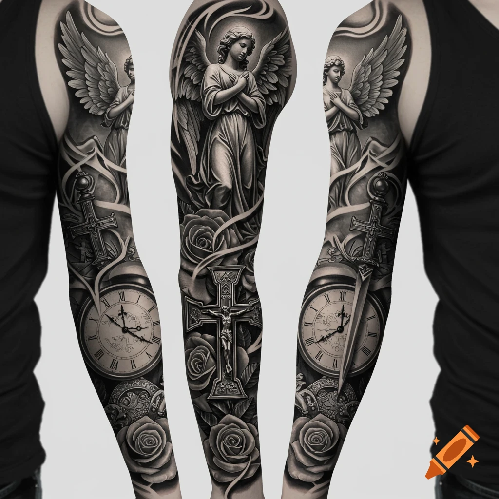 Black and white realistic tattoo sleeve featuring a guardian angel, a cross, a clock, a sword, and roses on an arm.