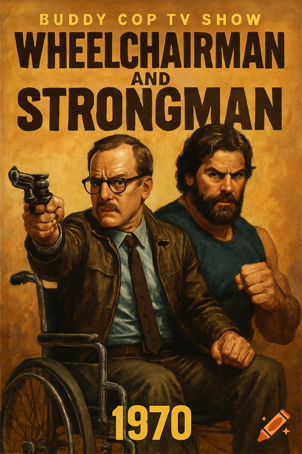 A retro-style movie poster for "Wheelchairman and Strongman" featuring a man in a wheelchair holding a gun and a muscular man next to him.