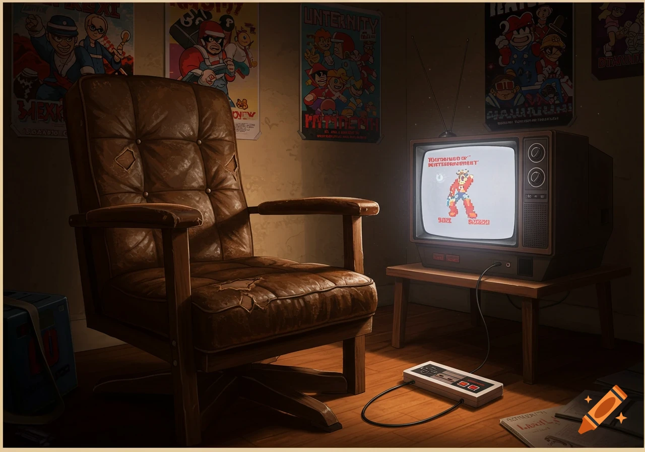 A nostalgic room featuring a worn brown leather armchair next to an old CRT television displaying a pixelated video game, with a classic NES controller on the floor.
