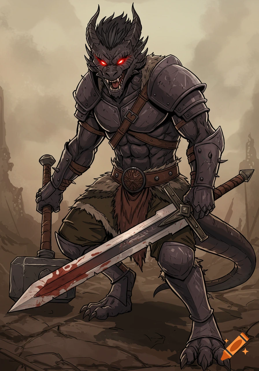 A black dragonborn barbarian warrior in armor with red eyes, holding a blood-stained greatsword and warhammer in a ruined land, anime style drawing.