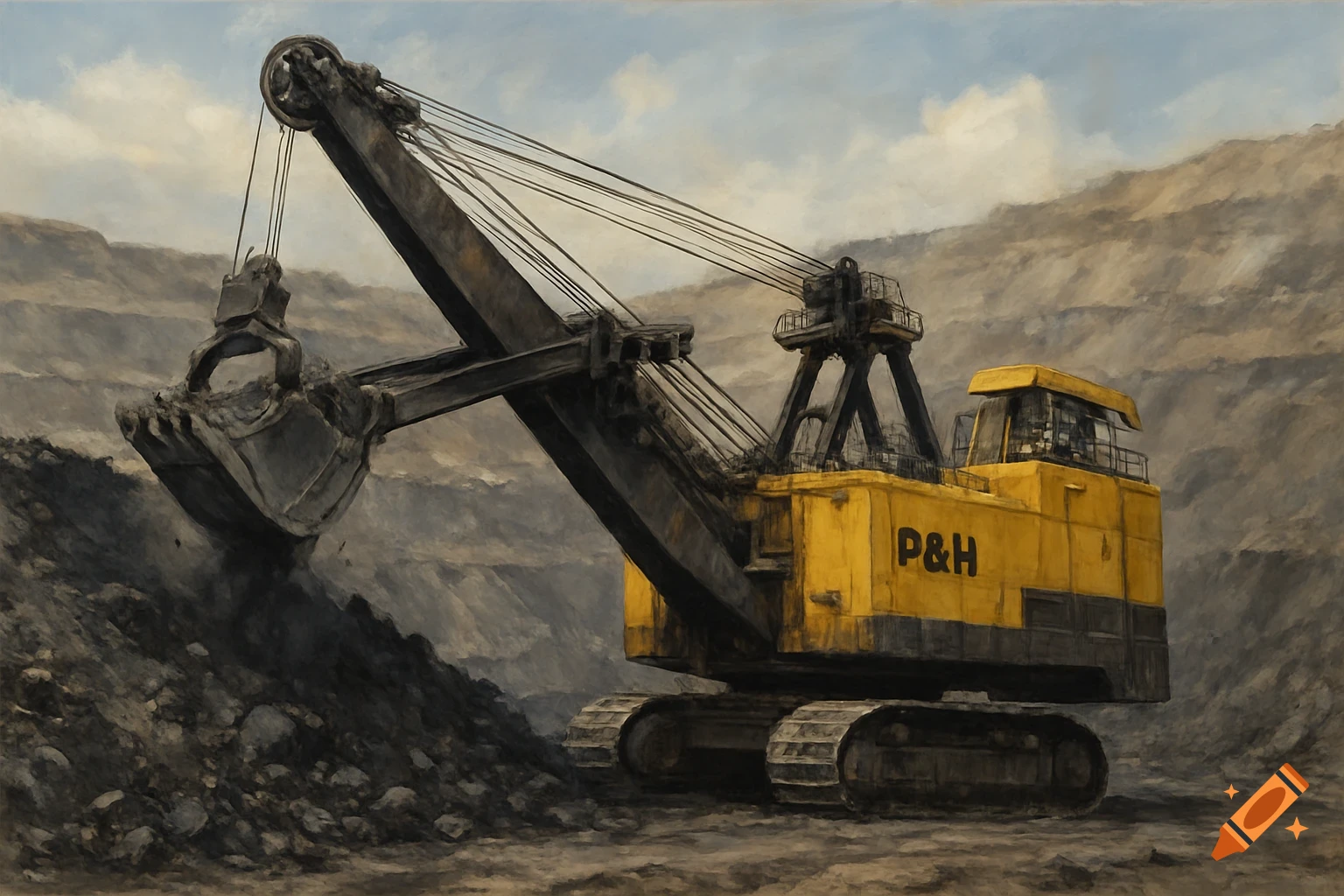 A large yellow P&H electric rope mining shovel in a dusty open-pit mine, rendered in a painterly style.