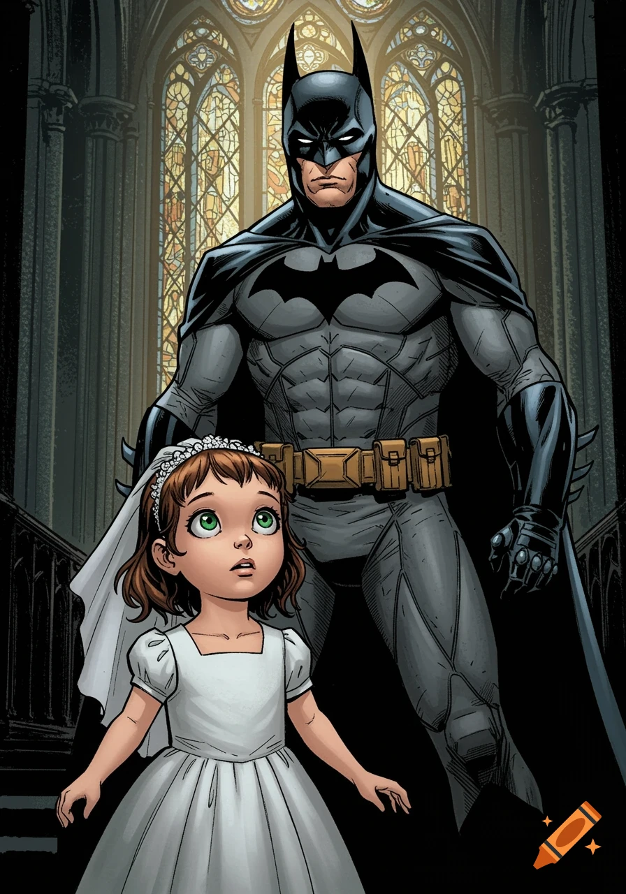 Comic art of Batman standing behind a small girl in a white wedding dress in a church with stained glass windows.