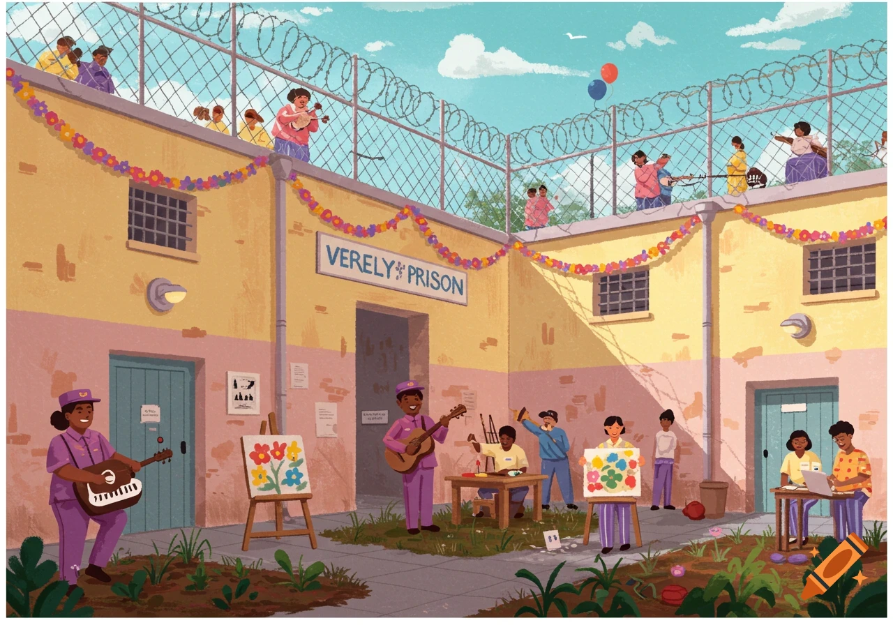 Illustration of a lively prison courtyard with inmates playing music, painting, and studying.