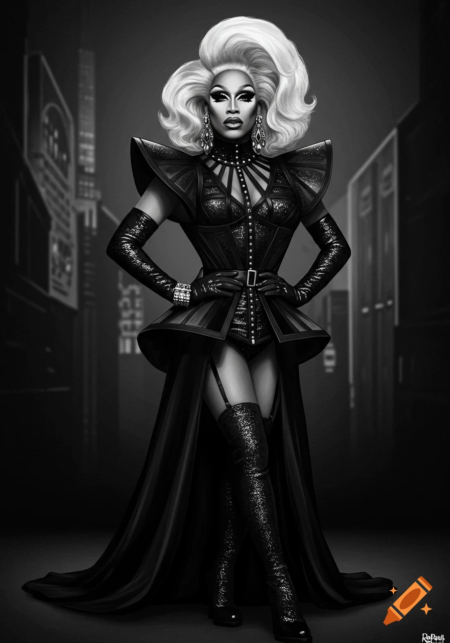 Monochromatic illustration of a drag queen in an elaborate black outfit with large hair and shoulder pads, standing against a blurred city background.