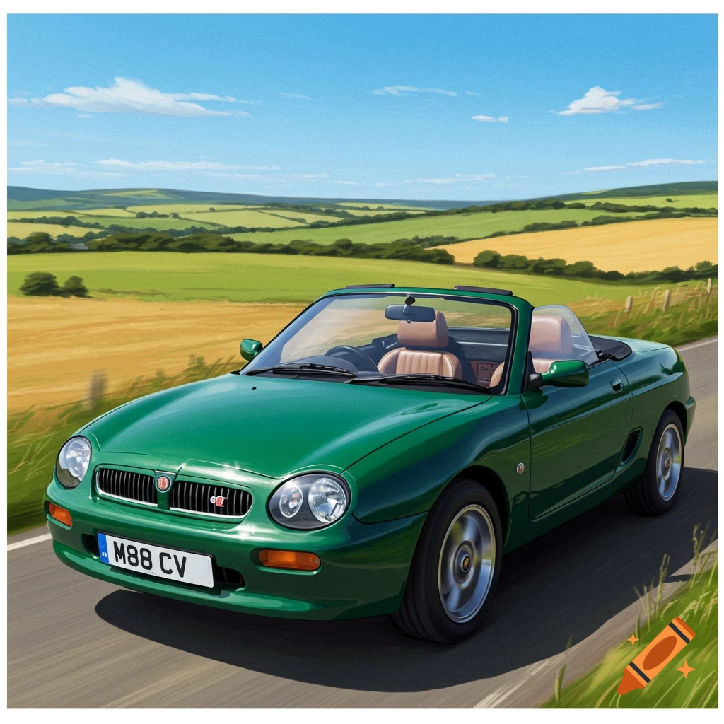 A green MGF sports car drives on a road through rolling green and yellow fields under a blue sky with clouds.