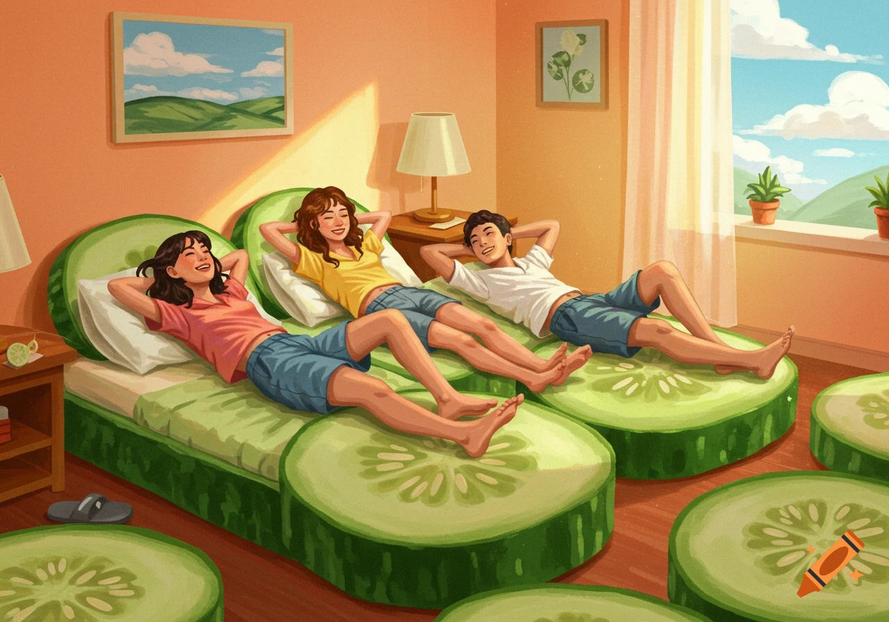 Three friends relax on whimsical beds made of giant cucumber slices in an illustrated room.