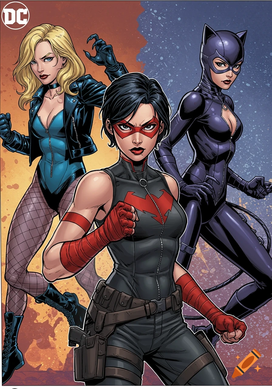 Three female comic book heroes, including Black Canary, an original character, and Catwoman, depicted in a detailed comic illustration style.