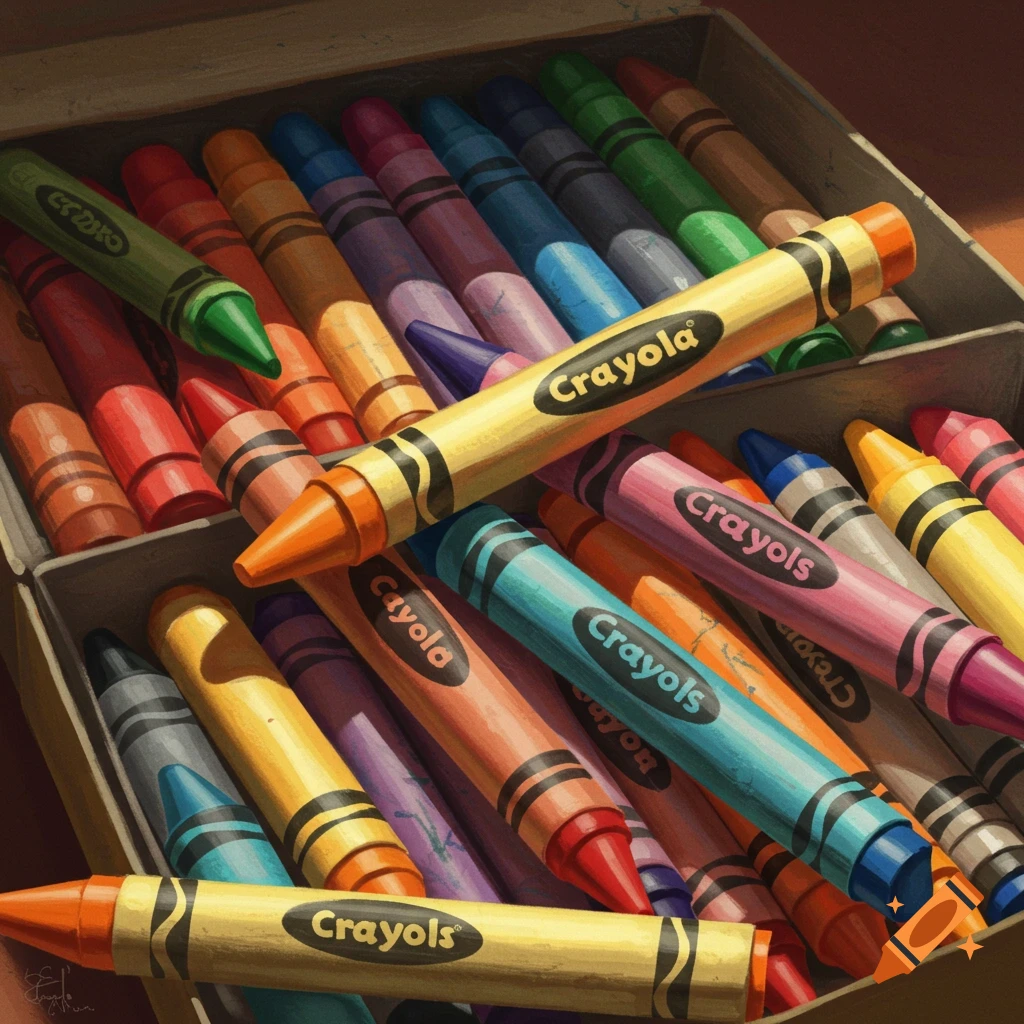 A close-up view of a box filled with colorful crayons, with some spilling out.