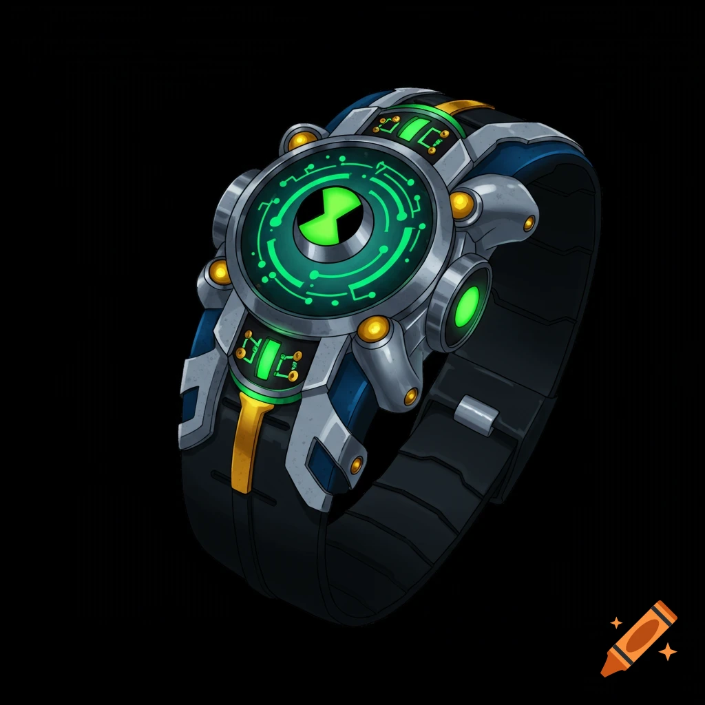 A detailed illustration of a futuristic, dark grey and blue watch with a glowing green circular face featuring a black X symbol, against a black background.