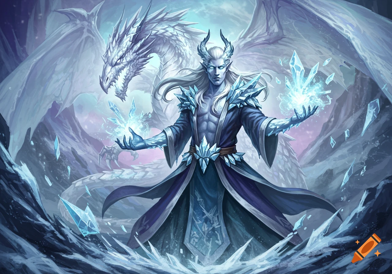 An ice sorcerer with white hair and ice armor casts spells with glowing ice crystals, standing before a large white dragon in a snowy, mystical setting.