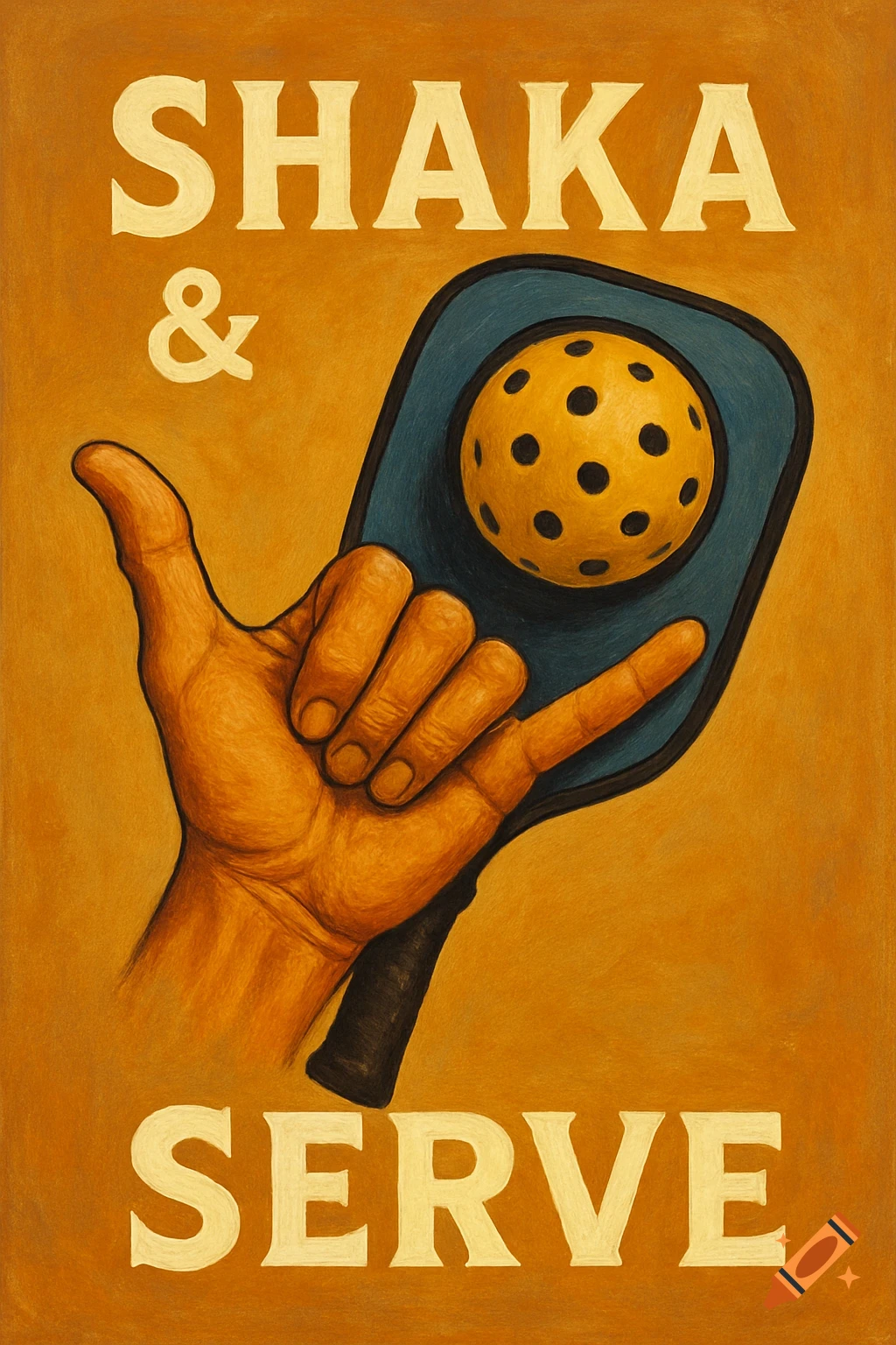 A vintage-style poster with a hand making a shaka gesture next to a pickleball paddle and ball, with text 'SHAKA & SERVE'.
