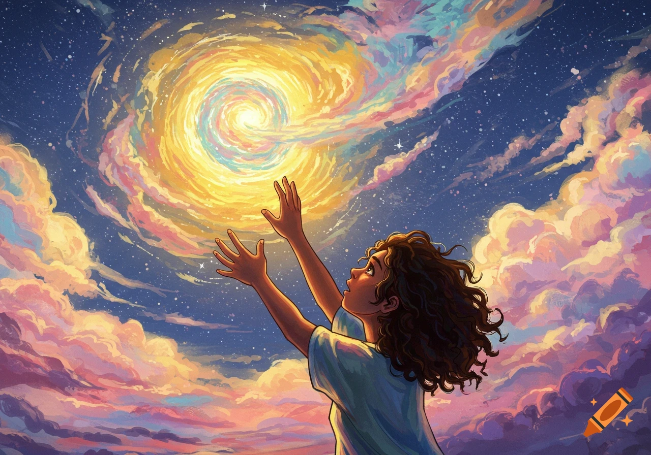 An illustrative image of a person reaching up towards a swirling, bright yellow and colorful vortex in a starry, multi-colored sky filled with clouds.