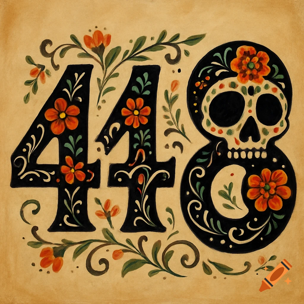 A decorative illustration of the number 448 in Day of the Dead style, featuring black numbers adorned with orange flowers and green leaves, on a beige background.