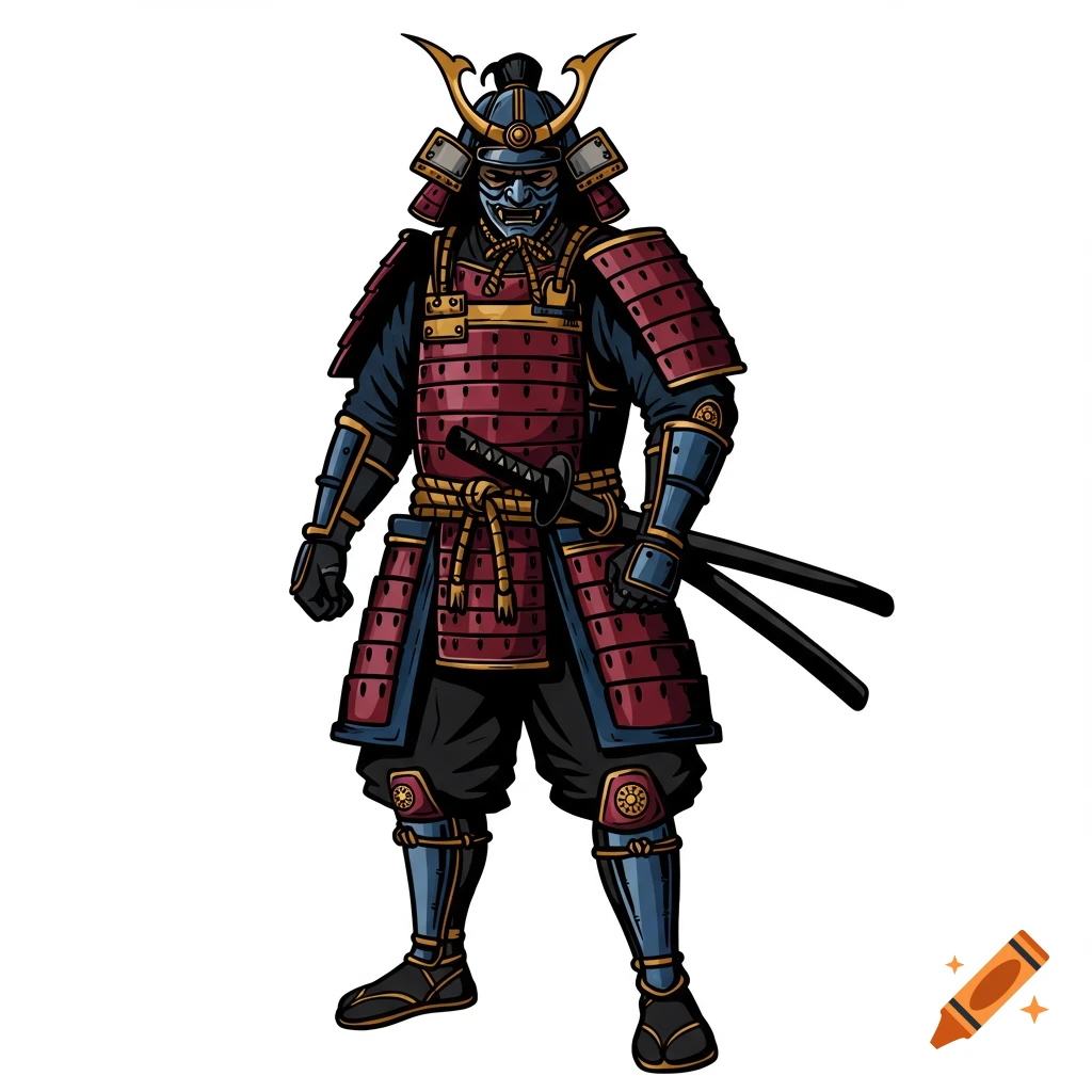A full-body vector illustration of a samurai warrior in detailed red and blue armor, holding two katanas.
