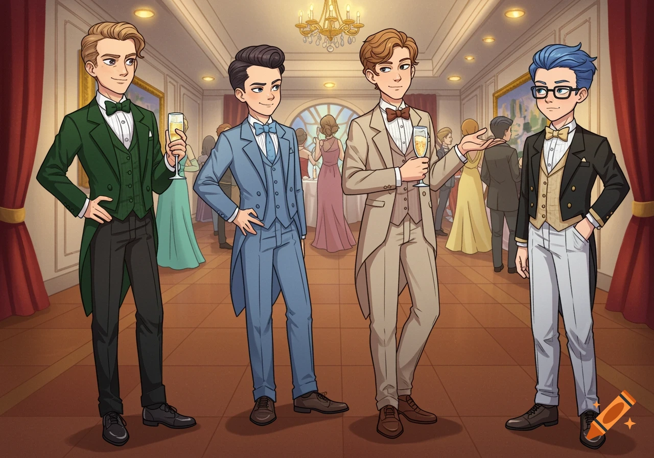 Four anime teenage boys in tuxedos at a lavish formal event, holding drinks.