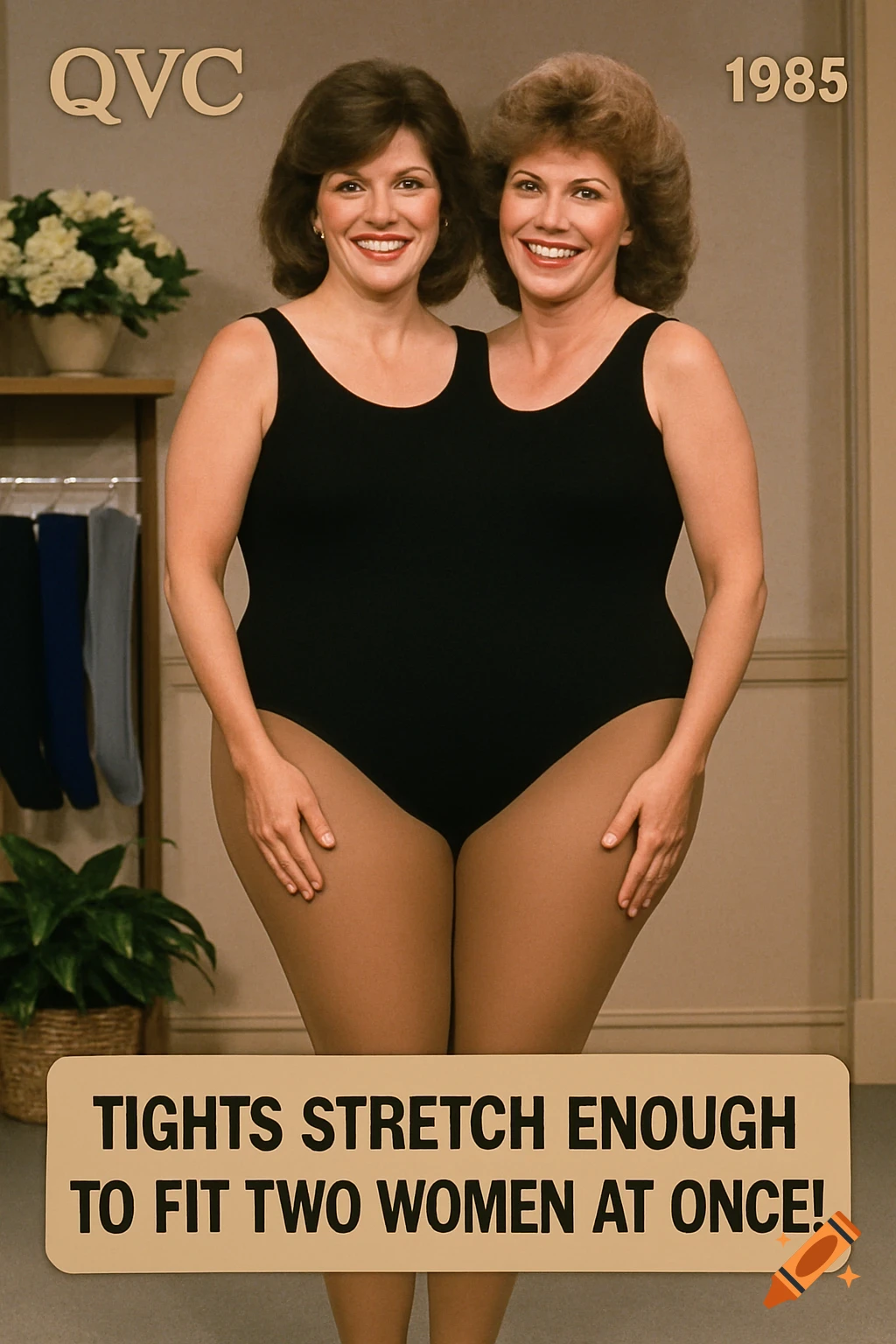 Two smiling women in a black leotard and sheer pantyhose appear merged, demonstrating stretchy tights in a 1980s QVC segment.