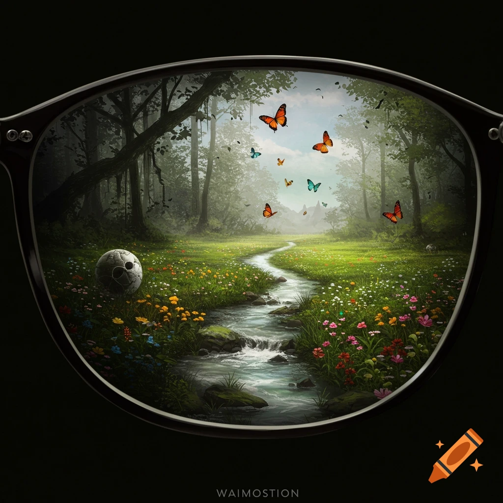 A vibrant natural landscape with a winding stream, colorful flowers, and butterflies, viewed through the frame of a pair of glasses.
