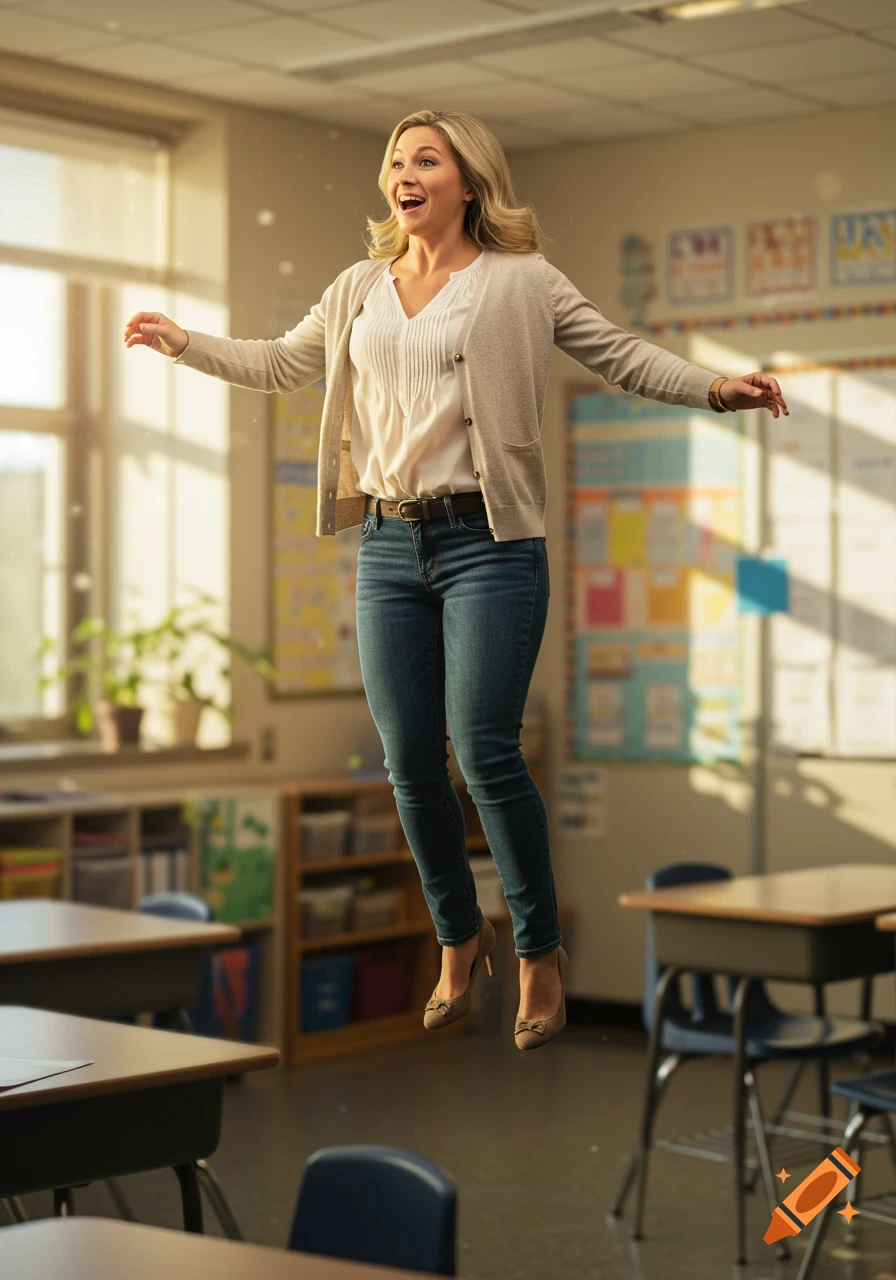 A blonde female teacher wearing a beige cardigan, white blouse, and jeans floats joyfully in a sunlit classroom.