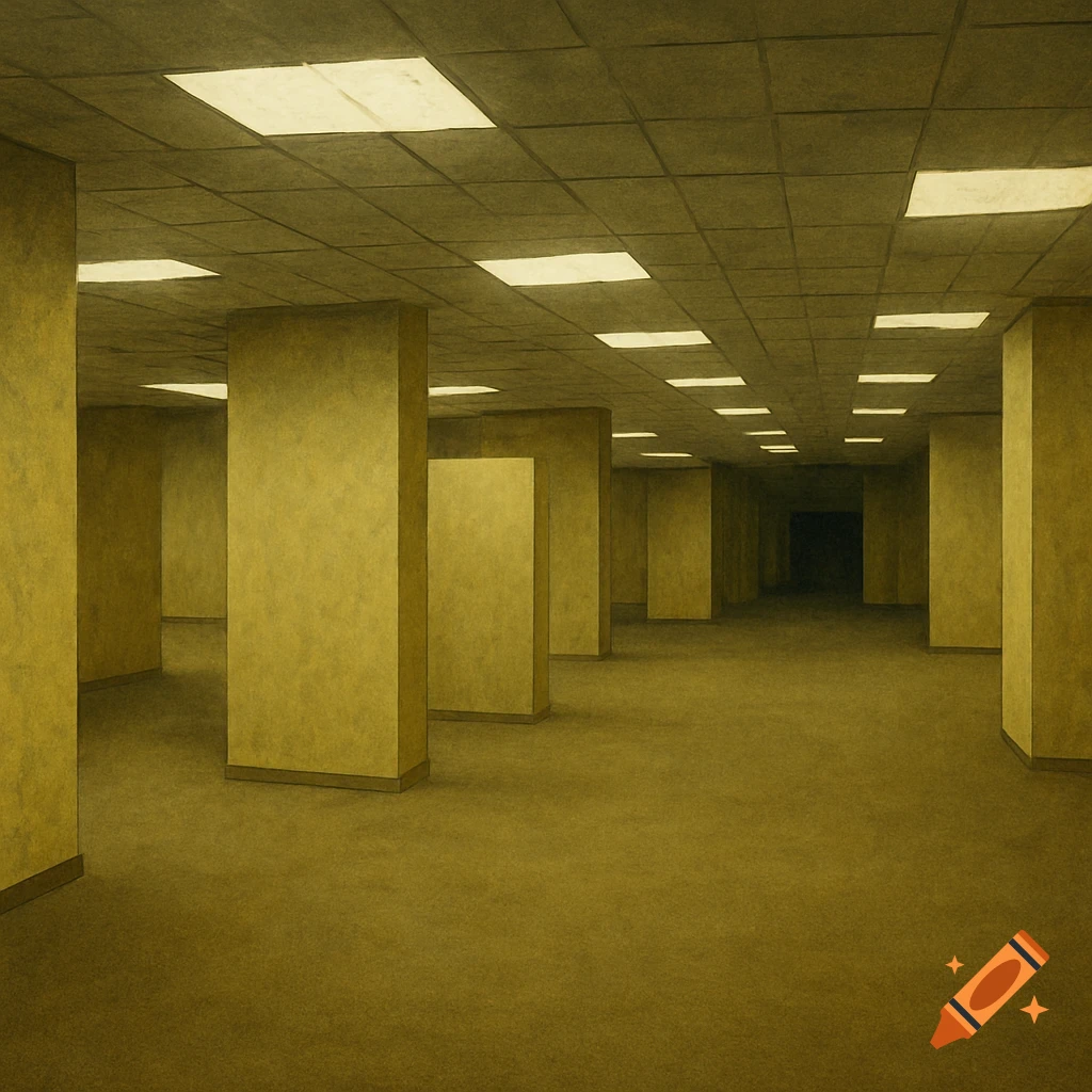 An empty, eerie, yellow-carpeted room with many pillars and bright rectangular ceiling lights, resembling the Backrooms.