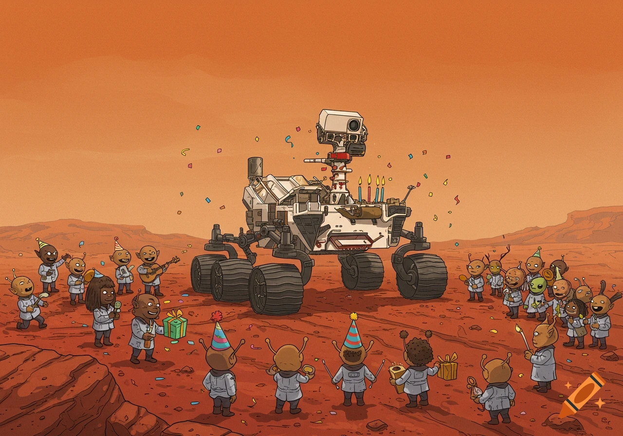 Cartoon of a Mars rover with a birthday hat surrounded by aliens celebrating on the Martian surface.