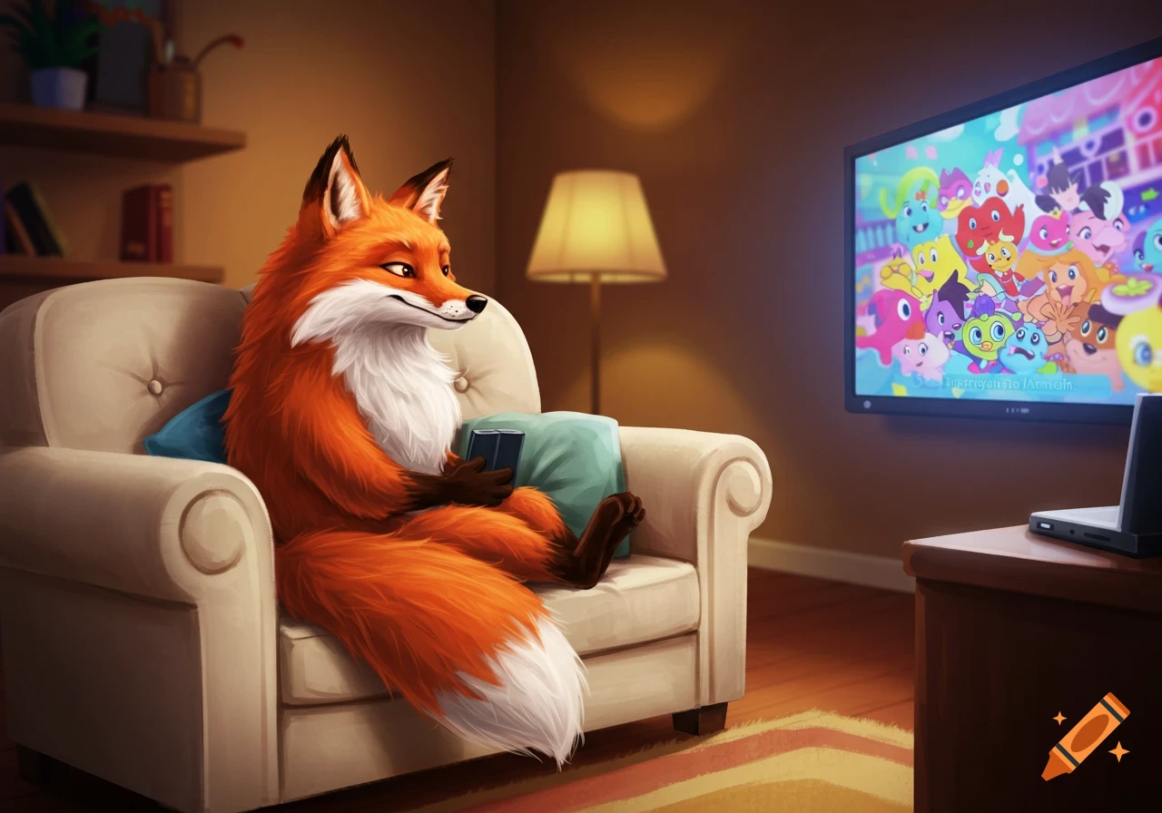An anthropomorphic orange fox sits comfortably on a cream-colored couch, watching a cartoon on a large TV in a cozy living room.