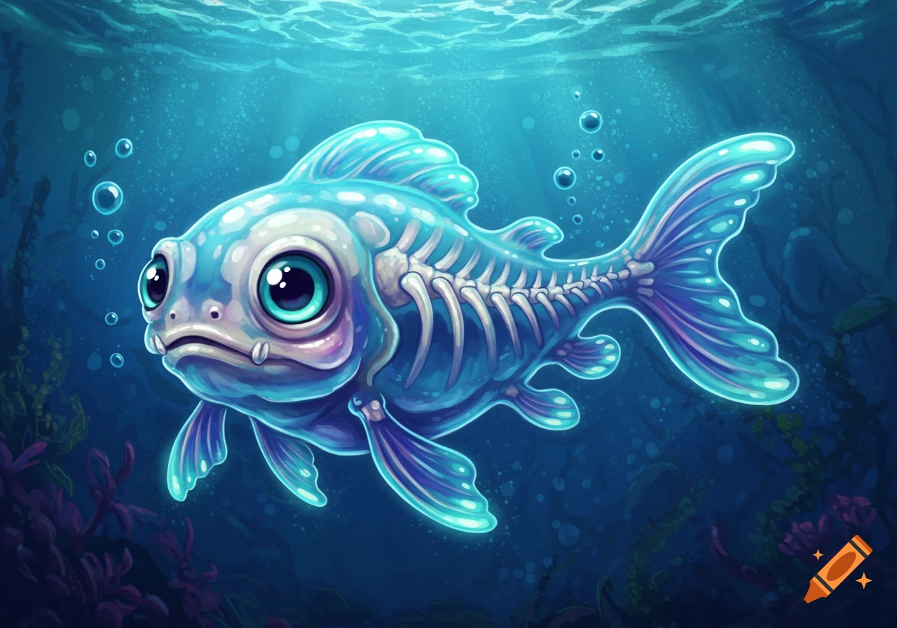 A cute, cartoonish blue fish with transparent skin showing its skeletal structure, swimming in the ocean with bubbles.