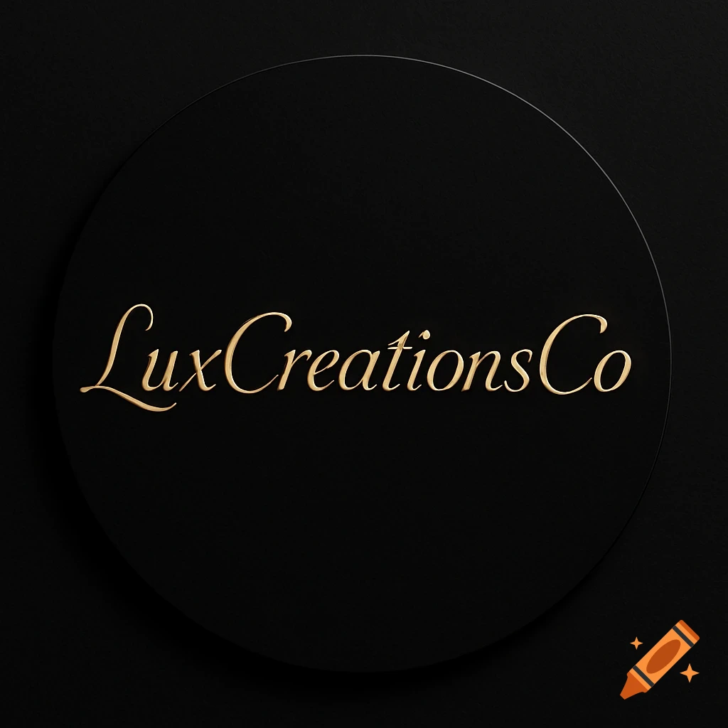 A minimalist black circular logo with elegant gold text 'LuxCreationsCo' in a luxurious brand aesthetic.