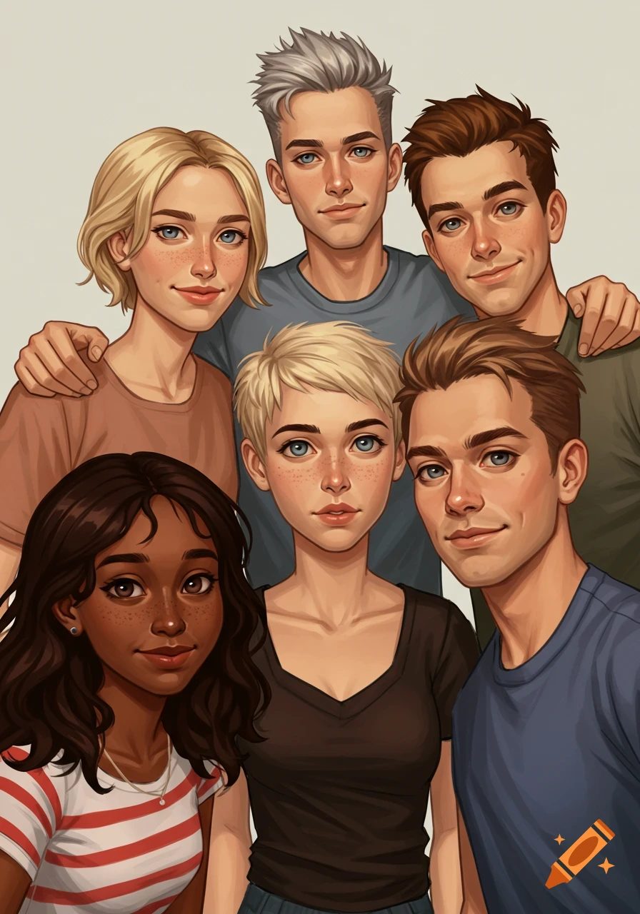 An illustration of six young adult friends, four men and two women, smiling and posing together. They have diverse hair colors and styles.