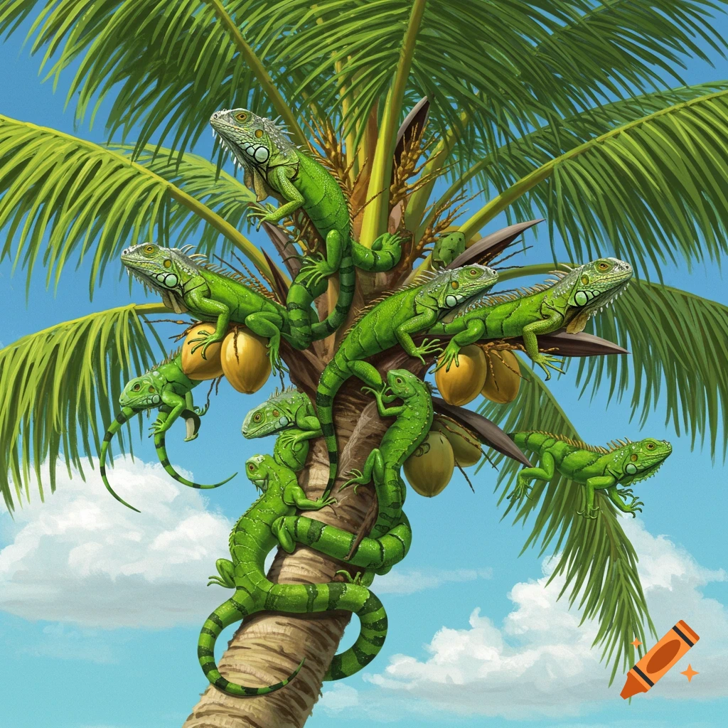 Multiple vibrant green iguanas climb and blend into the trunk and branches of a tall coconut tree laden with yellow coconuts, against a clear blue sky.
