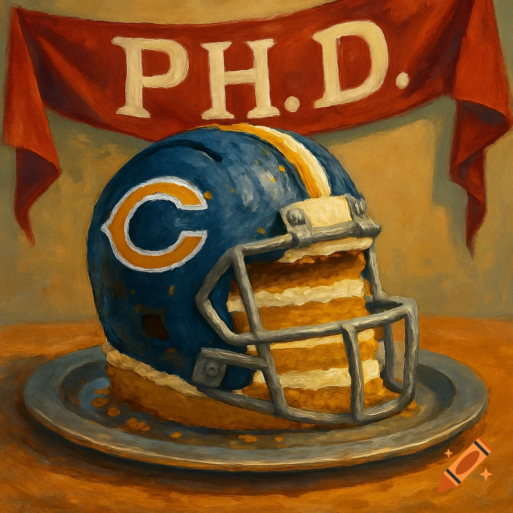 Oil painting of a blue football helmet cake on a platter, with a red 'PH.D.' banner in the background.