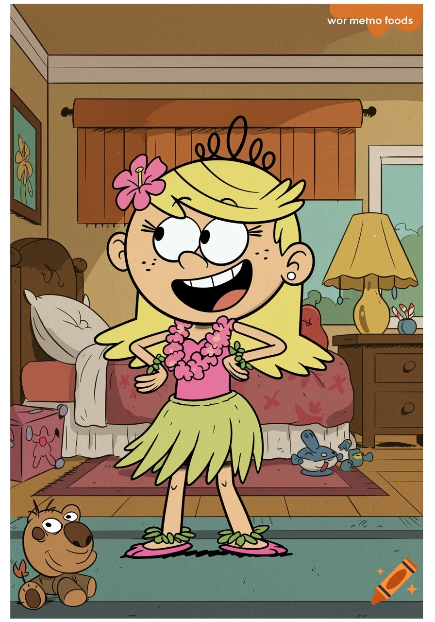 Lola Loud from The Loud House, dressed in a hula outfit, stands smiling in her bedroom.