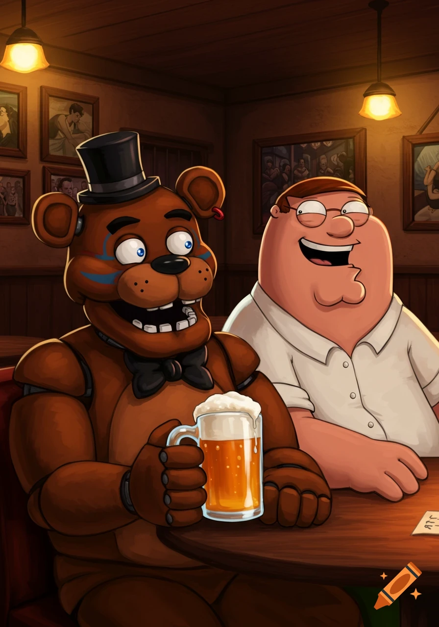 Freddy Fazbear and Peter Griffin sitting at a bar, smiling, with Freddy holding a mug of beer.