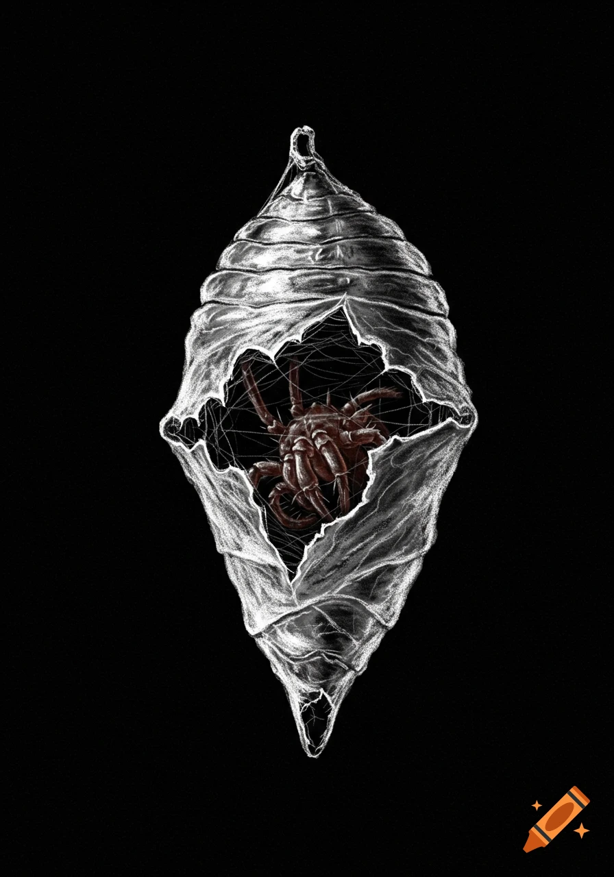 A white pencil drawing on a black background shows a ripped spider cocoon revealing a large brown spider inside.