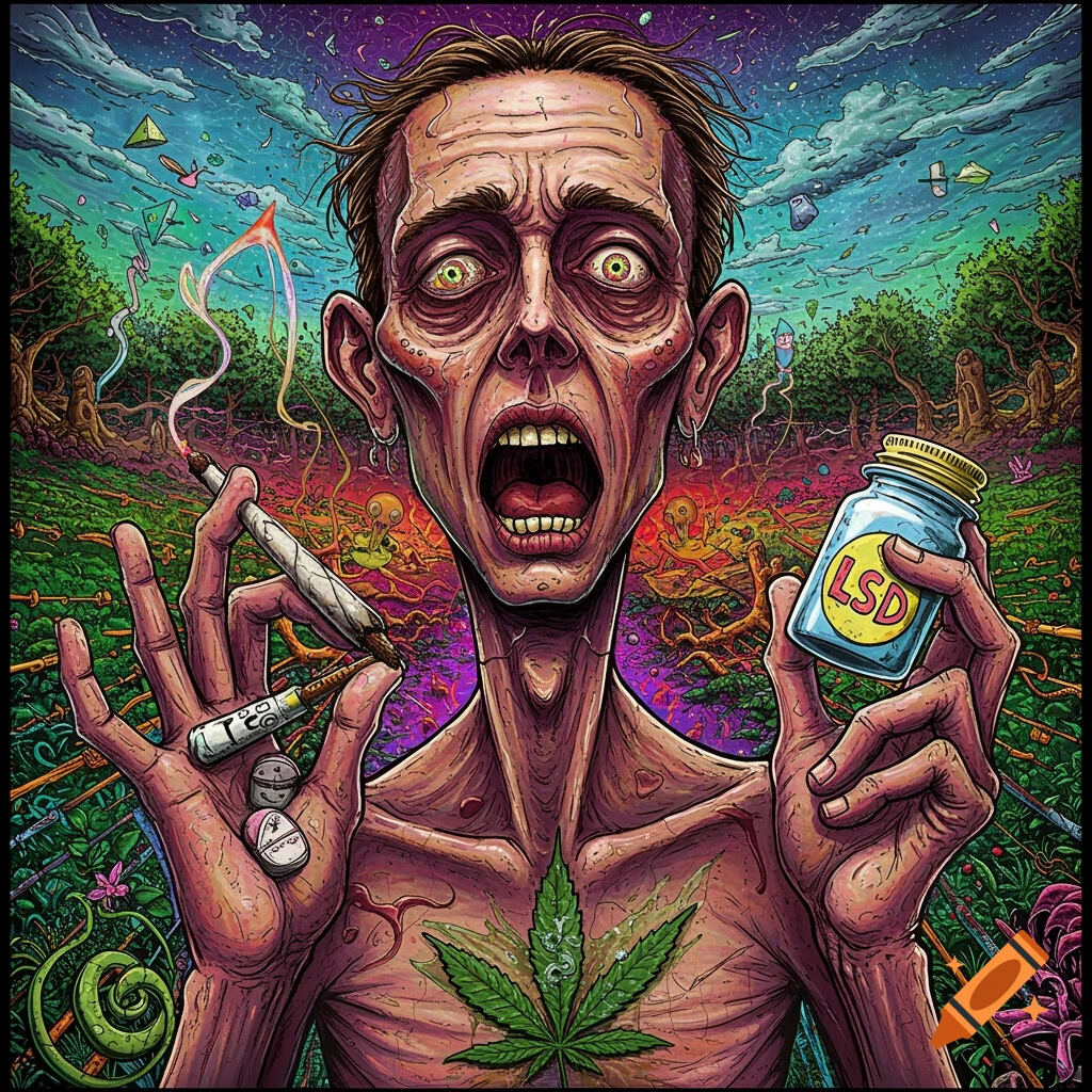 A gaunt, wide-eyed man with a cannabis leaf tattoo, holding a joint and an LSD bottle, against a chaotic, colorful psychedelic background.