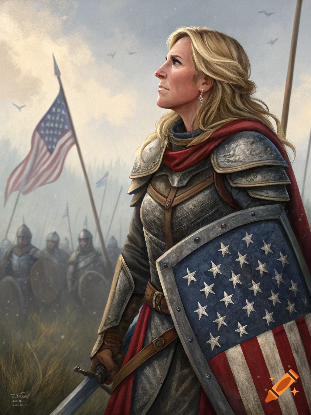 A detailed painting of a blonde woman medieval warrior in armor holding an American flag shield, looking up on a battlefield.