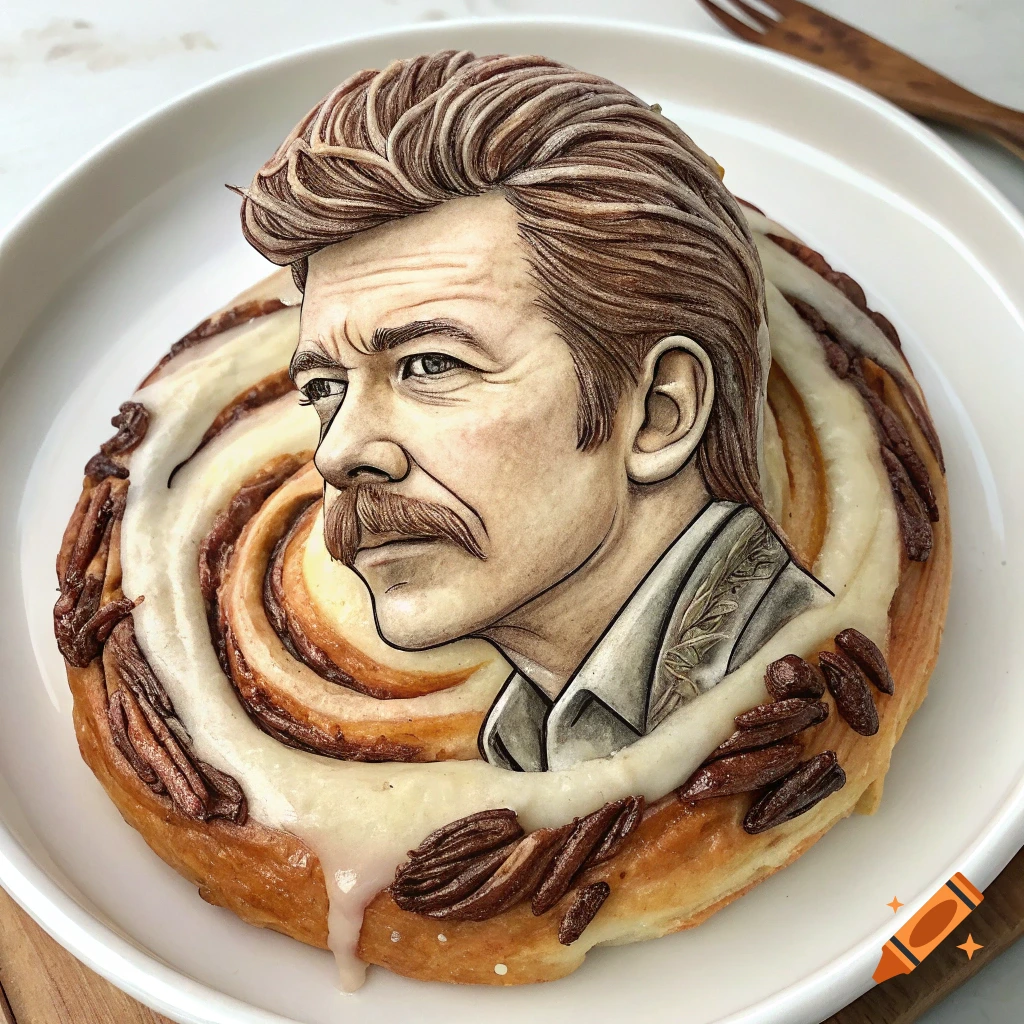 A highly detailed portrait of Rick Astley's head sculpted from a cinnamon roll with icing and pecans on a white plate.