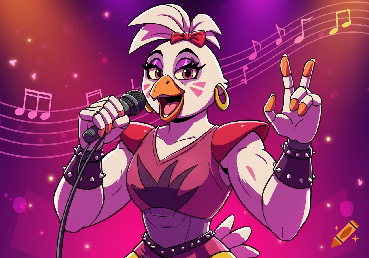 A muscular Glamrock Chica sings into a microphone on a stage, holding up a peace sign, in a vibrant cartoon style.