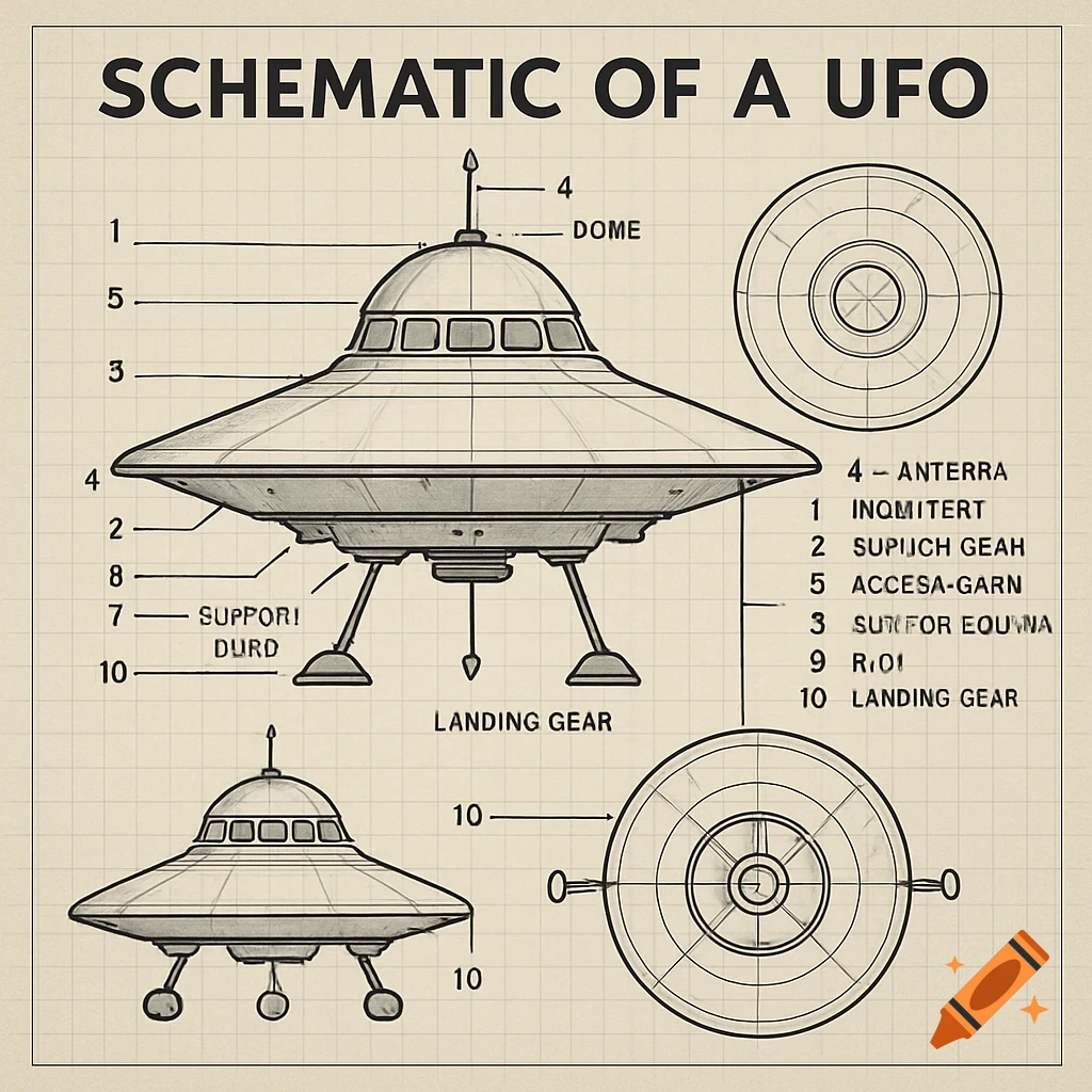 A technical schematic drawing of a UFO (Unidentified Flying Object) with various parts labeled, on a grid background.