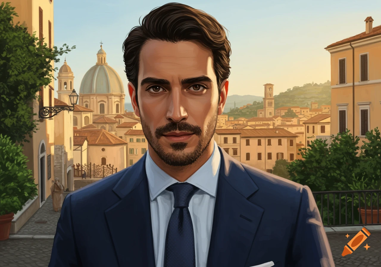 A dapper man in a suit stands in front of an Italian cityscape with domes and rooftops at sunset.