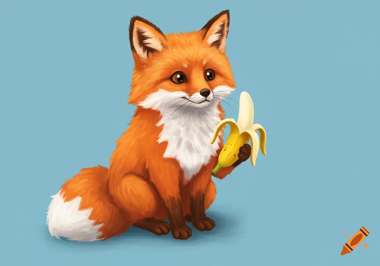 A cute, cartoon-style fox sits on a blue background, holding a partially peeled banana.