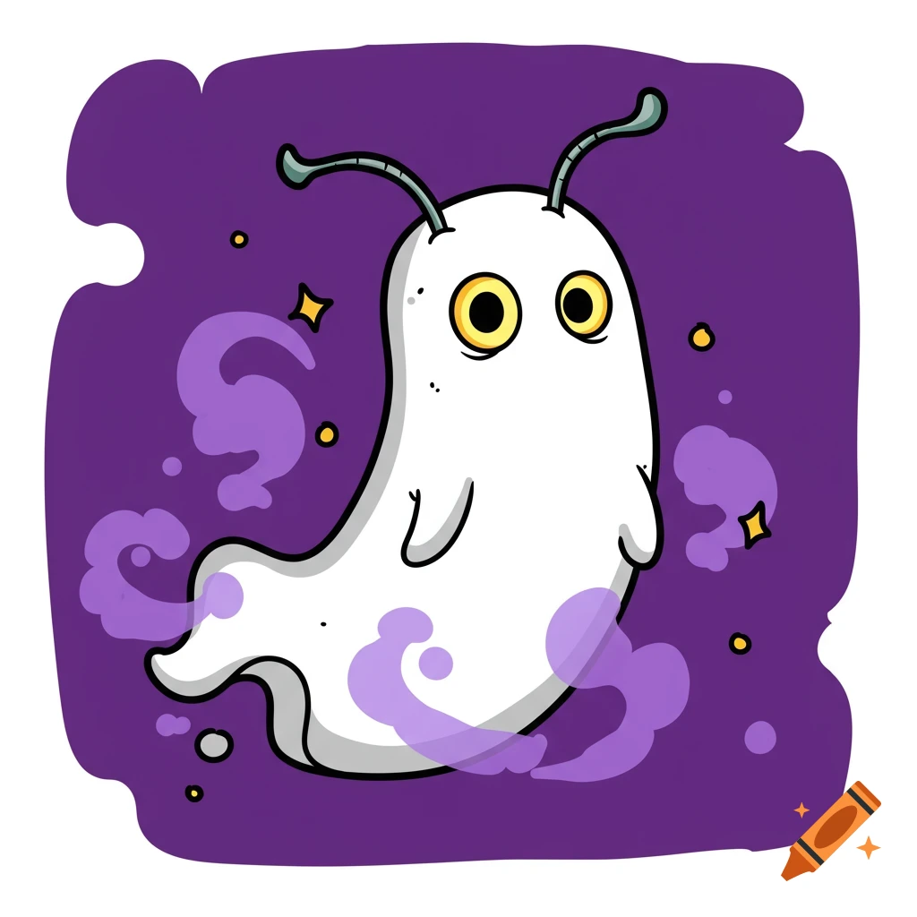 A 2D cartoon spooky white ghost with antennae and yellow eyes floats on a purple background with purple smoke and sparkles.