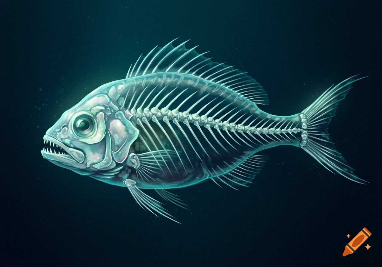 A glowing, teal-hued illustration of a fish skeleton seen through translucent skin against a dark, deep-sea background.