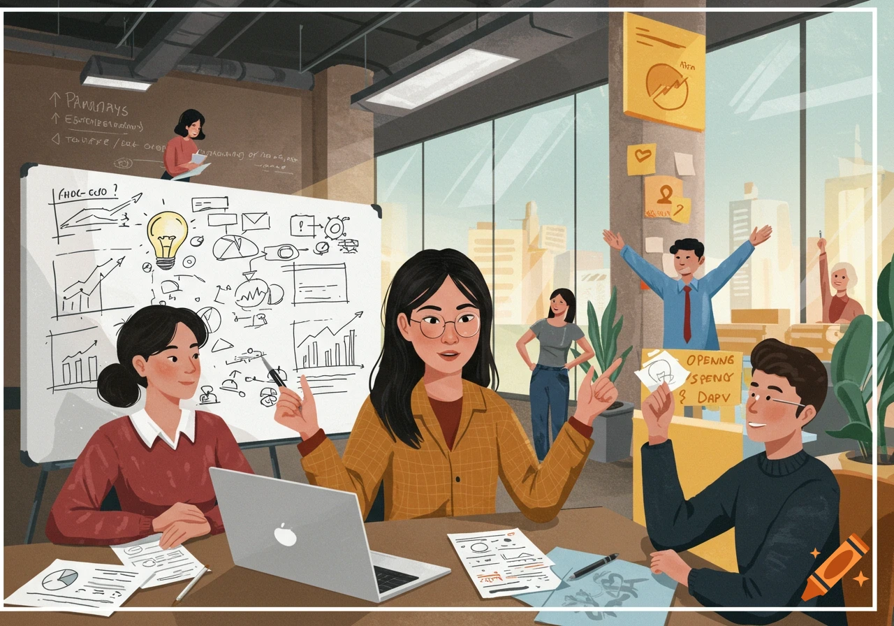 An illustration of a diverse group of professionals collaborating in an office, brainstorming ideas and plans on a whiteboard.