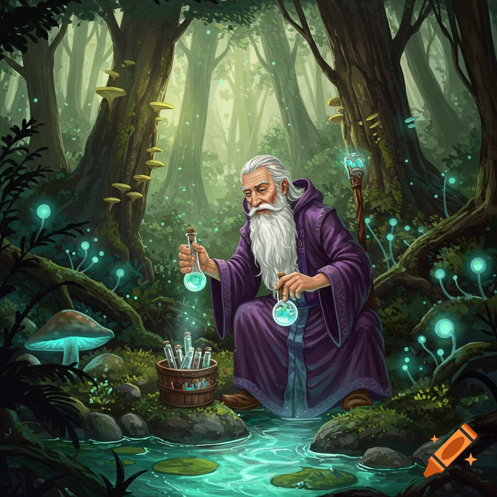 A wise wizard in a purple robe kneels by a glowing stream in an enchanted forest, collecting water samples in vials.